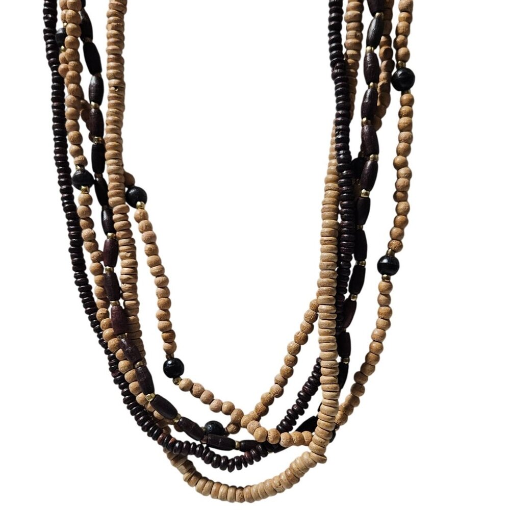 Boho Wooden Beaded Necklace Multi Strand Black Tan Fashion Jewelry Women